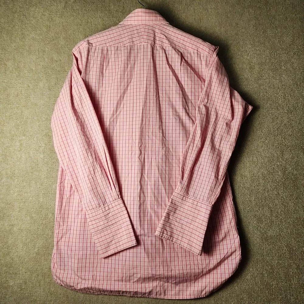 Thomas Pink Dress Shirt Mens 16.5 34 Pink White Check Button Down Double Cuff